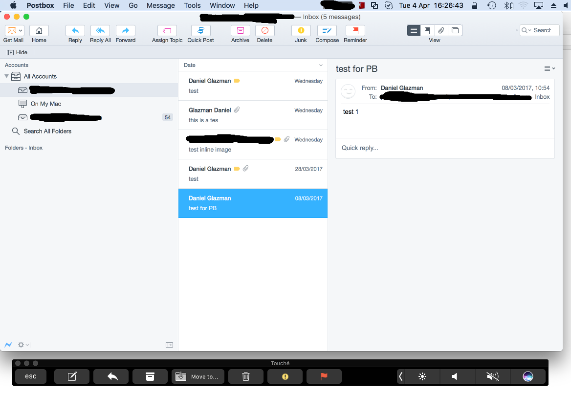 Postbox's main window and touchbar