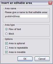 editable area creation dialog